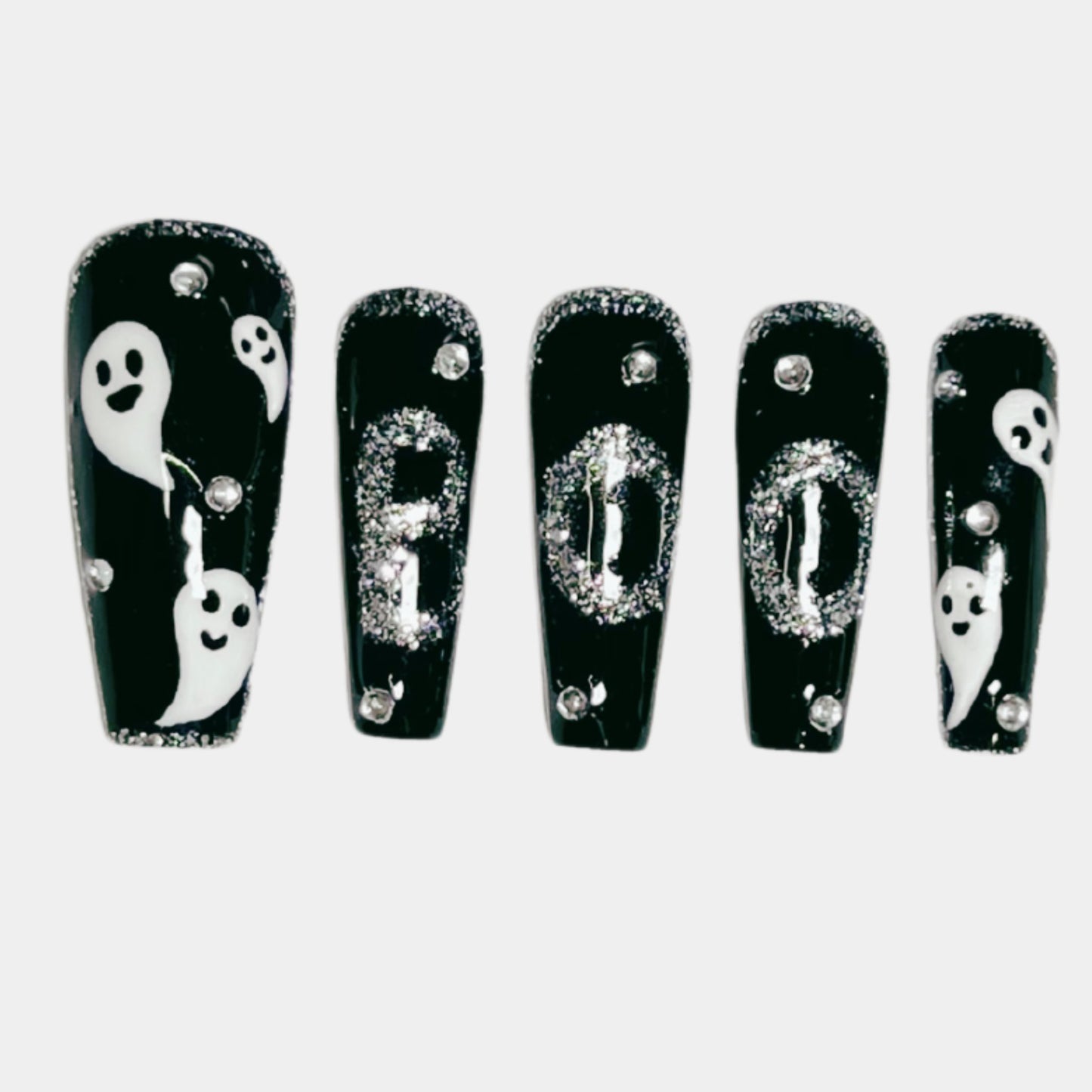 Handmade black Halloween press on nails with ghost and BOO glitter design