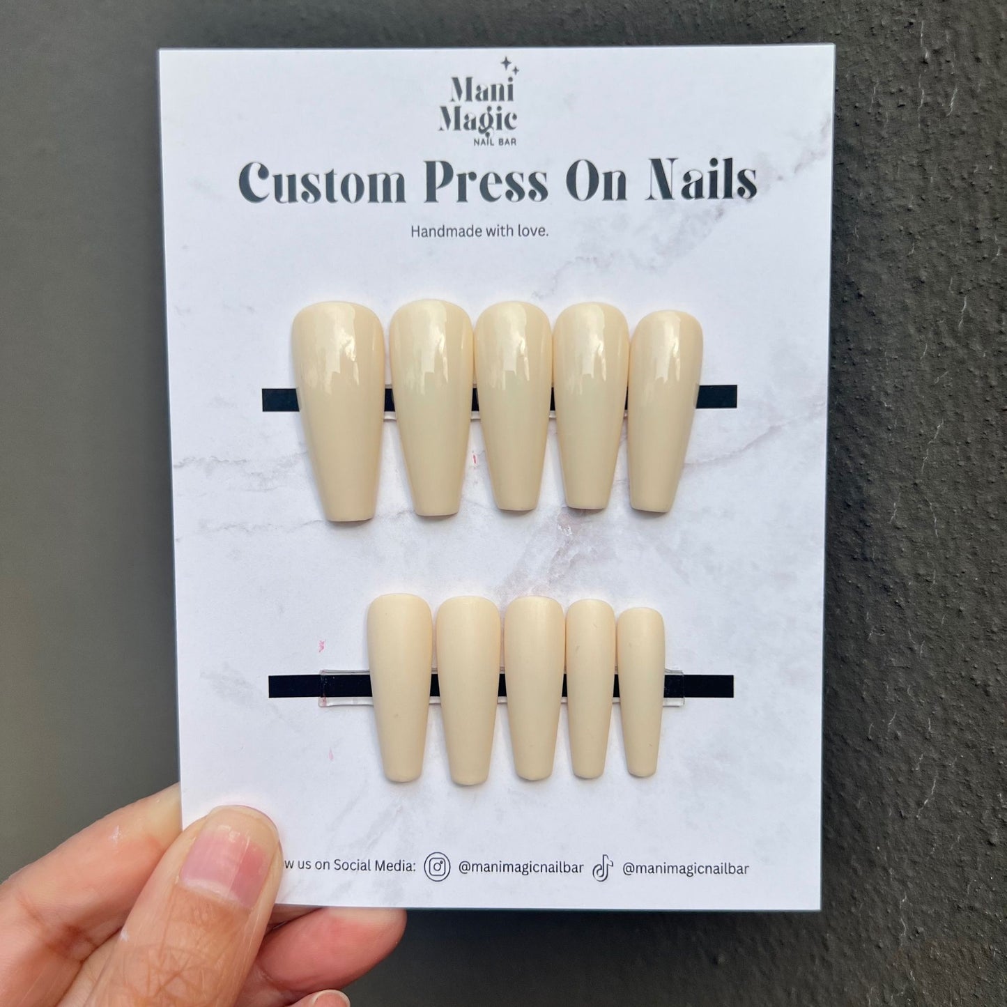 Soft cream coloured reusable press on nails, long shape
