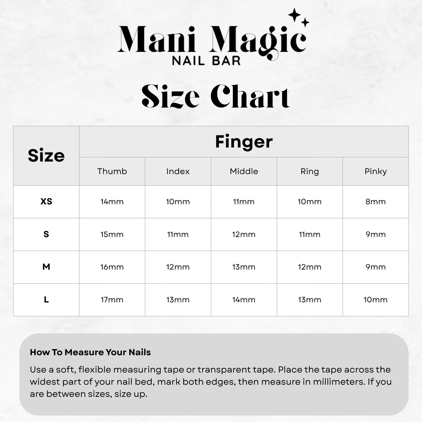 Mani Magic Nail Bar size chart for finger measurements on a white background