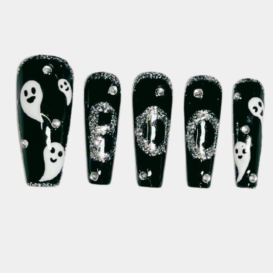 Handmade black Halloween press on nails with ghost and BOO glitter design