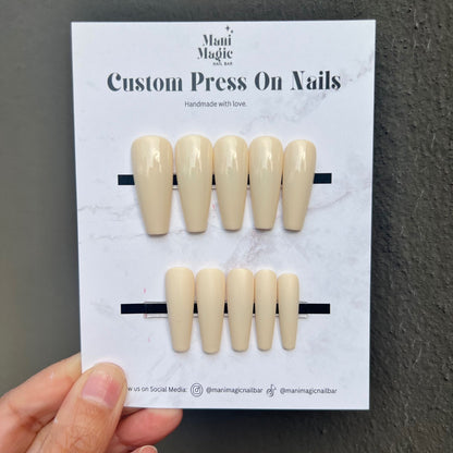 Soft cream coloured reusable press on nails, long shape