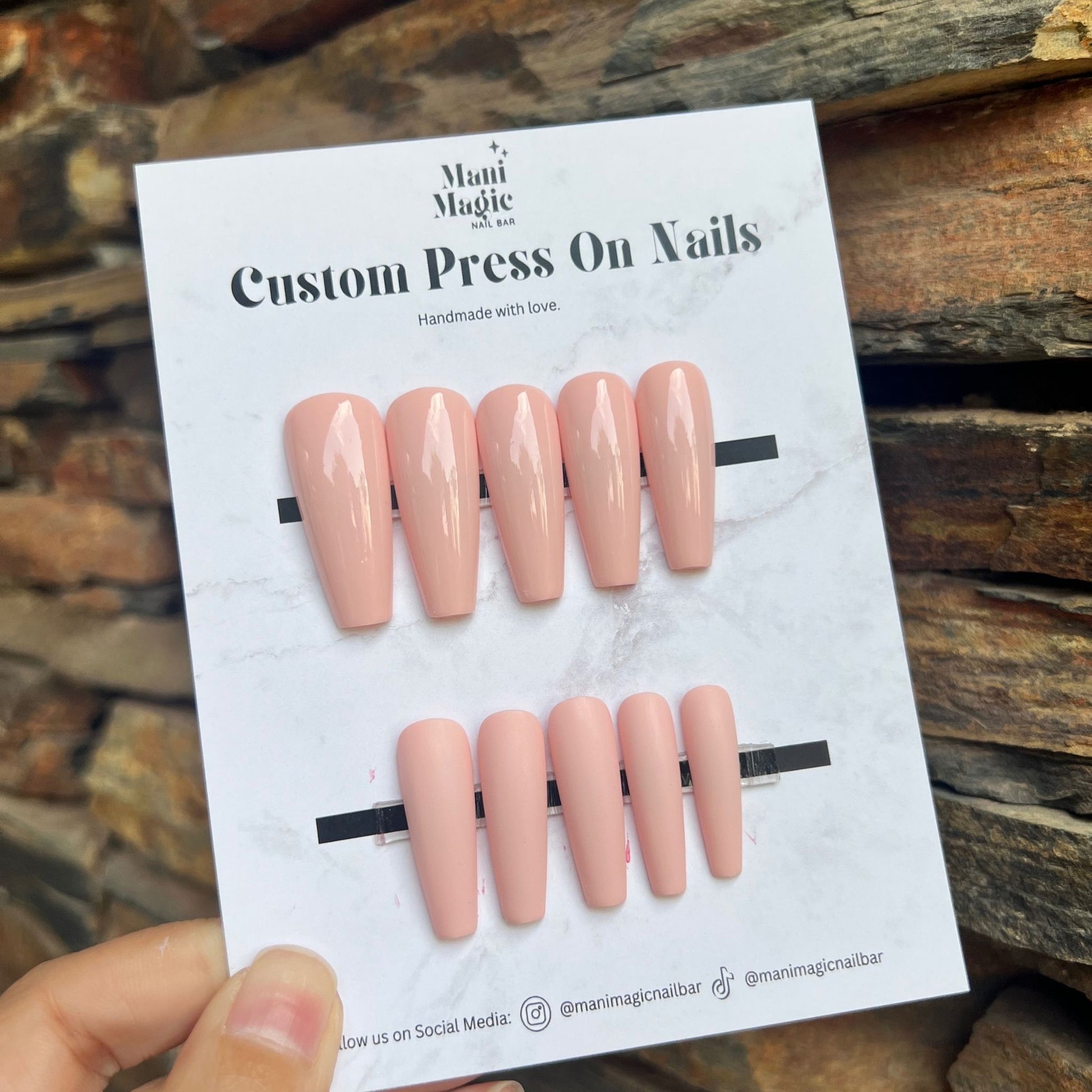 Soft peach coloured reusable press on nails with glossy finish